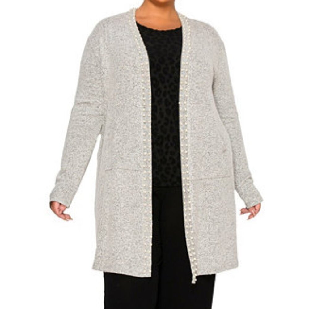 Coin 1804 NEW Gray Cozy Open Cultivated Pearls Pocket Tunic length Cardigan 1X